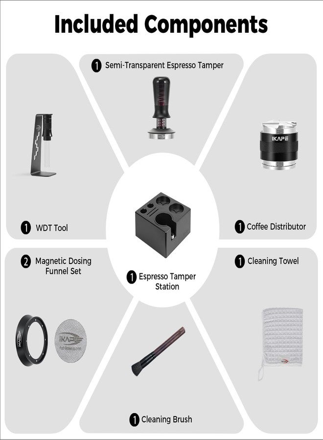 IKAPE 53MM Black Espresso Tool Set 8 IN 1, Coffee Tamper, Distributor, Magnetic Funnel, Puck Screen, Tamper Station, Stirrer Distribution Tool, Cleaning Towel and Brush - Image 3